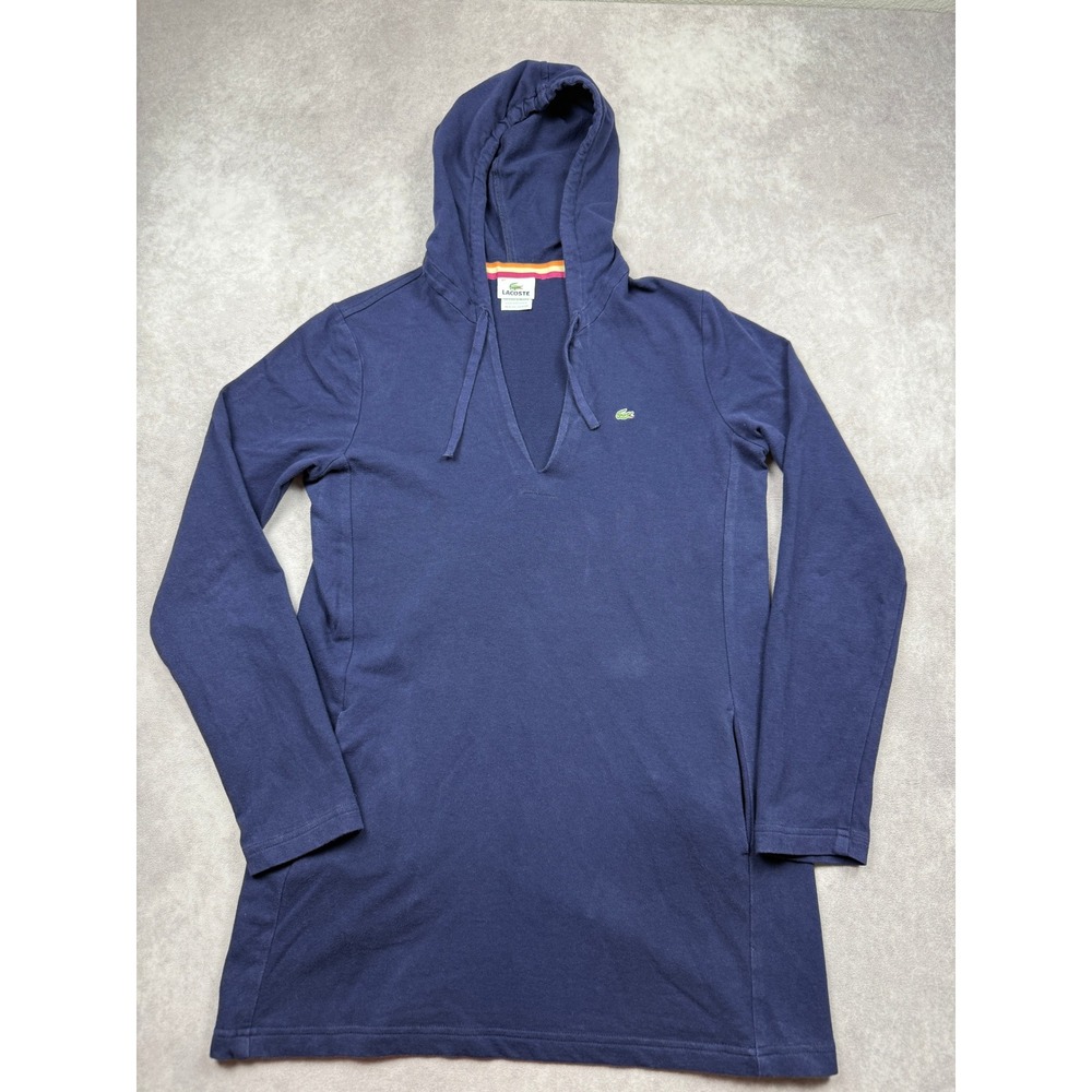 Lacoste Womens Sz 42 Navy Blue V-Neck Longline Hoodie Sweatshirt Tunic Top Dress